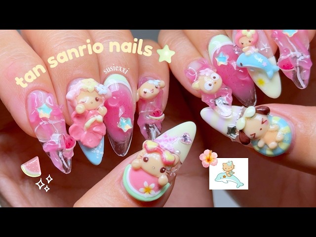 ADORABLE summer sanrio nails 🍉🎀 ft. custom magnetic charms 💗