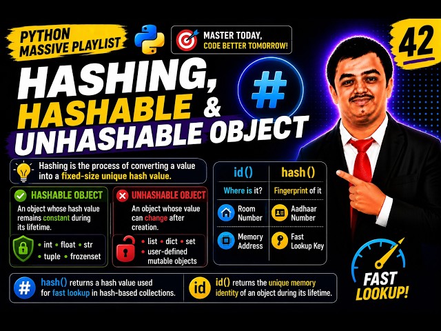 Python Video 42🐍 Hashing, Hashable & Unhashable Objects in Python 🚀 | id() vs hash() Explained