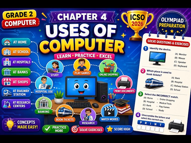ICSO 2026 Grade 2 Computer | Chapter 4 Uses of Computer | Exercise Solved | Easy Explanation