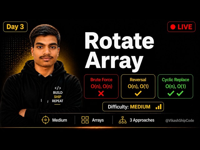 [Day 3] Rotate Array — Brute Force → Reversal Algorithm | Live DSA | @VikashShipCode