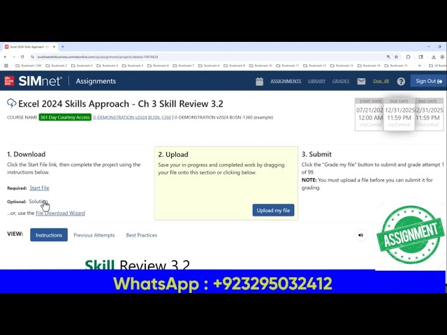 Excel 2024 Skills Approach - Ch 3 Skill Review 3.2|SIMnet Excel Assignment 2024 | Skill Review 3.2