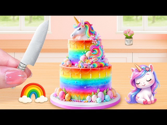 Colorful Rainbow Unicorn Layer Cake 🌈🦄 Mini Cake Challenge | Lily Little Cake