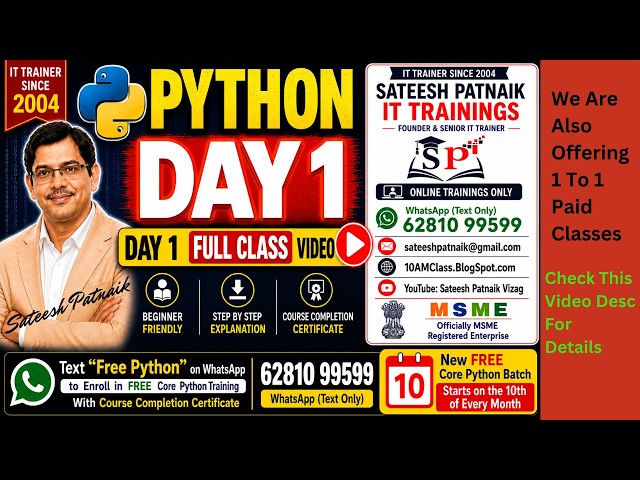 FREE Python Day 1 Recorded Class |Complete Beginner Tutorial in Telugu| Sateesh Patnaik IT Trainings