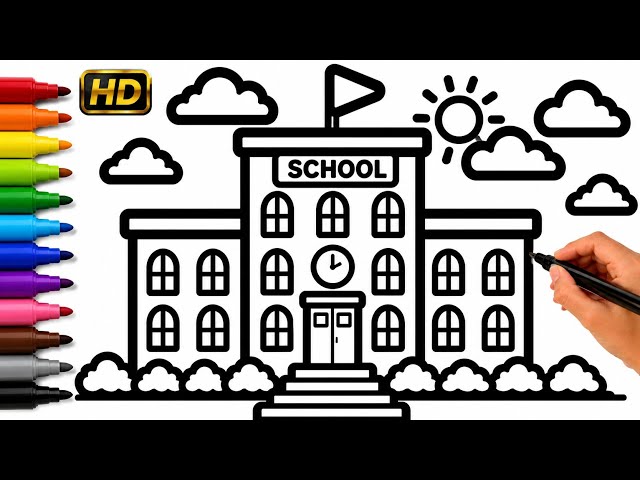 Easy School Drawing 🏫✏️ | Drawing and Coloring for Kids | Step by Step Tutorial | 4K HD
