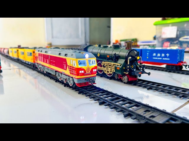 Find & Assemble Blue & Red Dongfeng Train Toys + Green Classic Steam Train | So Much Fun!