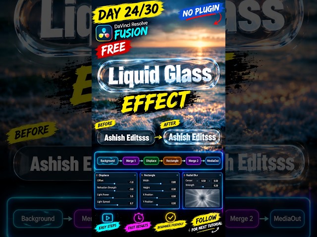 Liquid Glass Effect in FREE DaVinci Resolve Fusion 💎🔥 | Day 24 #videoediting  #davinciresolve