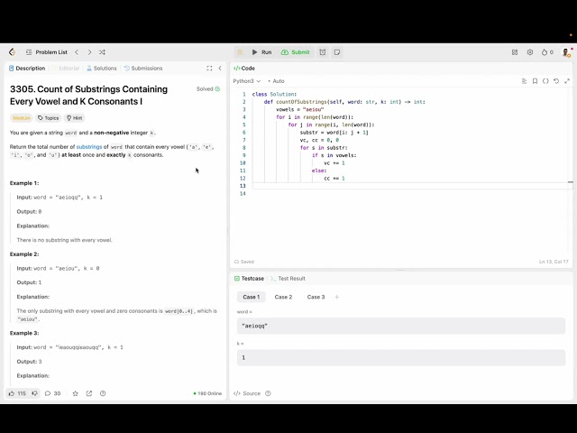 Count Of Substrings Containing Every Vowel And K Consonants I