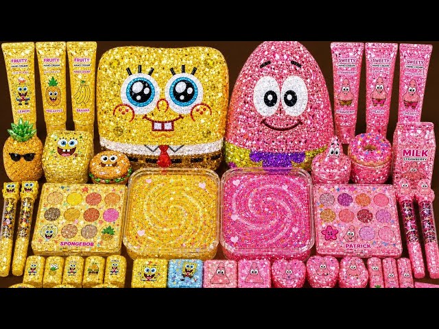 Satisfying Slime ASMR Making spongebob vs Patrick star Slime Mixing Makeup Lipsticks Candy M&Ms