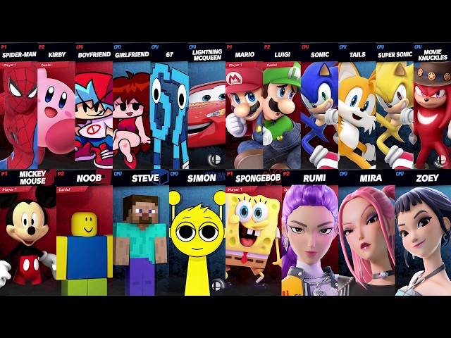 Sonic vs Mario vs Minecraft vs Roblox vs Car vs Spider-Man vs Fortnite vs Mickey | Super Smash Bros