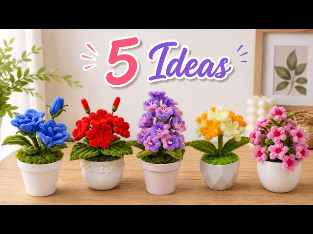 5 DIY Craft Flowers🌸 Easy Tutorial on How to Make Flower from Pipe Cleaner | Pipe Cleaner Flower Pot