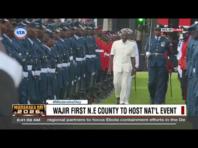 President Ruto inspects the guard of honor at the 63rd Madaraka Day celebrations in Wajir