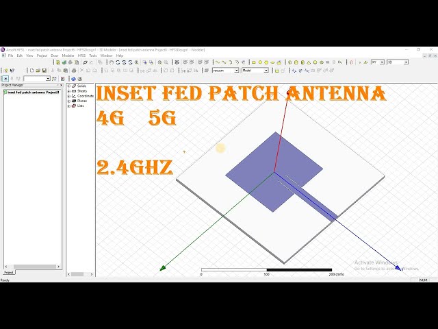 inset fed 1×4 series fed antenna array operating at 0.8GHz,0.9GHz,2.4GHz,3.8GHz,5.8GHz in hfss