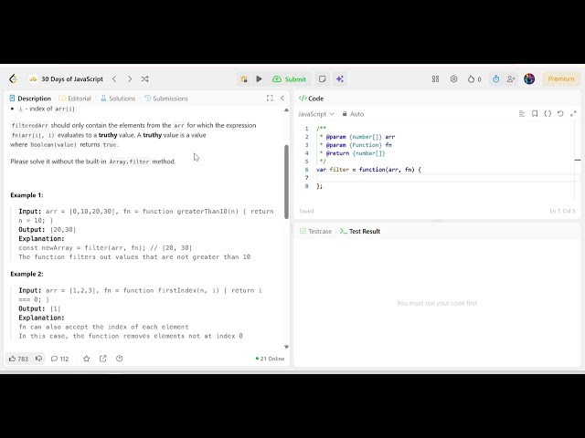 Day 6 of My 30 Days of JavaScript Challenge — LeetCode 2634 Filter Elements from Array 🔍