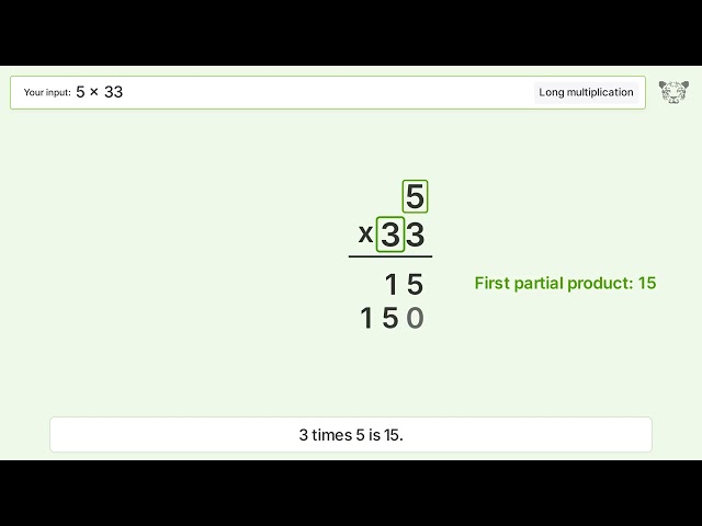 5 x 33 Long Multiplication - Step-by-Step