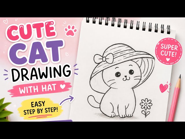 Cute Cat Drawing with Hat  🎩 🌸 | Easy Pencil Sketch Drawing Tutorial