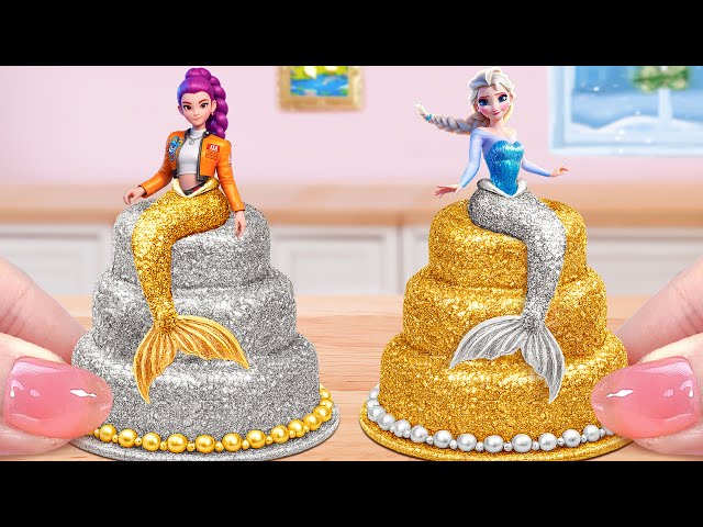 Golden Vs Silver Princess Cake💛Fancy Miniature KPOP Demon Hunters Mermaid Cake🤍Mini Cakes