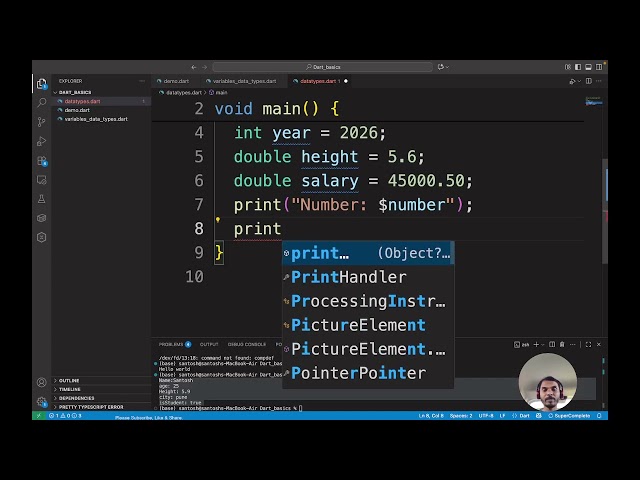 a Dart program to demonstrate the use of int and double data types.