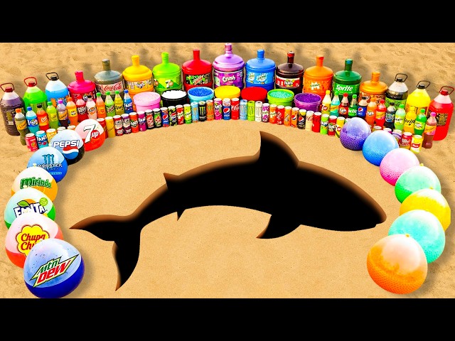 EXPERIMENT: Giant Shark pit Eruption from Balloons of Sodas & Orbeez, Big Pepsi, Coca Cola vs Mentos