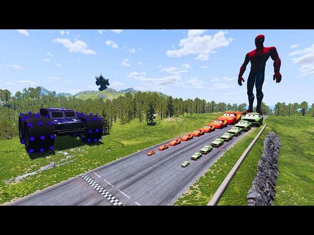 🔥 Big & Small McQueen, Big Spiderman vs Spike Beast, Giant Speed Bumps Downhill Race | BeamNG.drive