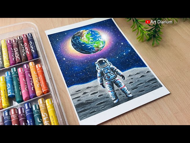 Astronaut on Moon Space Drawing with Oil Pastels | Step-by-Step Tutorial