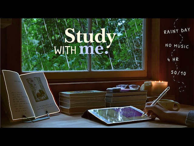 🌧️🌿4 HOUR STUDY WITH ME On a Rainy Afternoon /💧 Heavy Rain In The Forest / No Music / Pomodoro 50-10