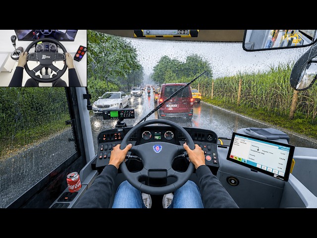 The Bus - Heavy Rain Drive Through Germany | Realistic Bus Sim | Steering Wheel Gameplay