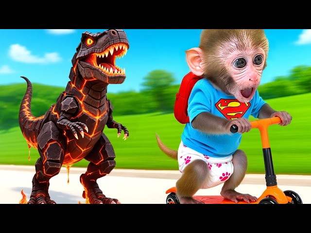 Monkey Baby Bon Bon and Little Duckling Chased Dramatically by a Giant Dinosaur