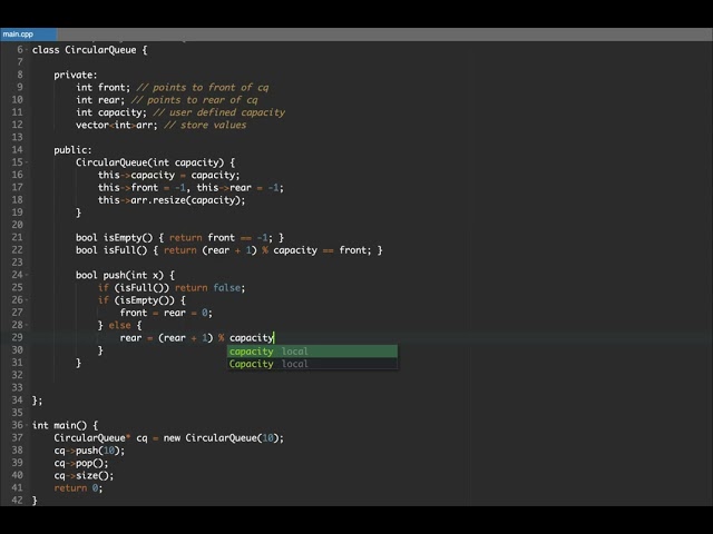 code a circular queue from scratch (c++)