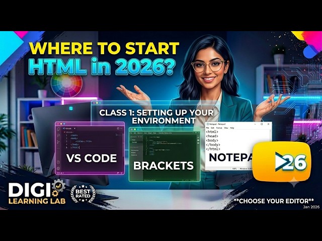 Where to Start HTML in 2026? Class 1: VS Code, Brackets & Notepad Setup