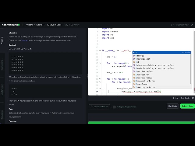 HackerRank Python 30 Days of Code - Day 11: 2D Arrays