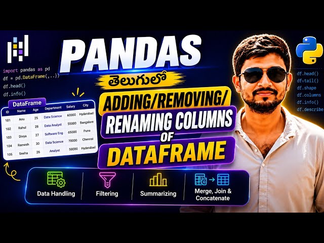 Adding/ Removing/ Renaming Columns for Pandas DataFrame| Most Used Pandas Functions in Telugu