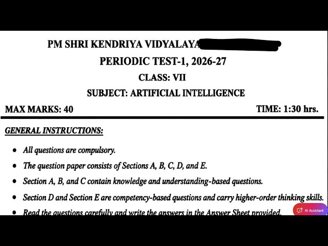 Class-7 AI (Artificial intelligence)/ Periodic Test-1 PT-1 Paper PM SHRI KV Question Paper 2026-27