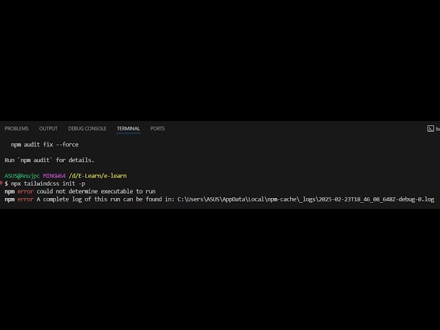 NOT EXECUTABLE TO RUN (npx tailwindcss init -p) fix.