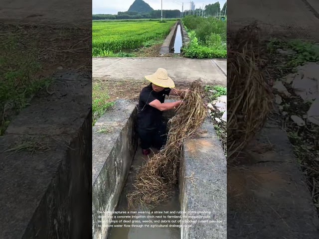 Drainage Maintenance: Man Clears Blocked Agricultural Canal Culvert by Hand