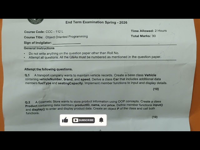 Object Oriented Programming (OOP) Theory + Lab Solved Paper 2026 | BSCS | Final Term
