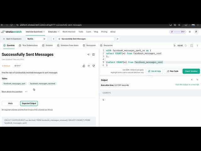 Meta SQL Interview | Successfully Sent Messages | Ratio of Received to Sent | StrataScratch 9777