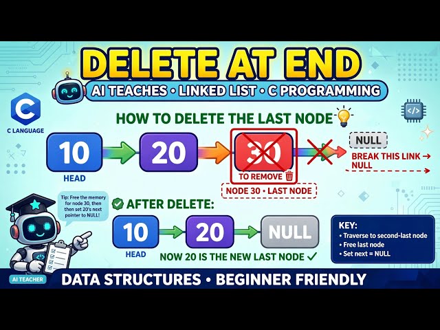 Deletion at End in Linked List in C | Step-by-Step Explanation with Dry Run | Data Structures