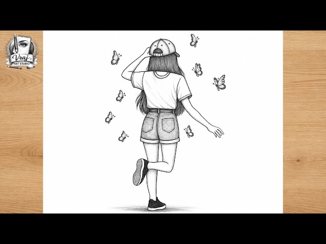 Beautiful Girl with Butterfly Pencil Sketch Drawing | Easy Back Side Girl Drawing