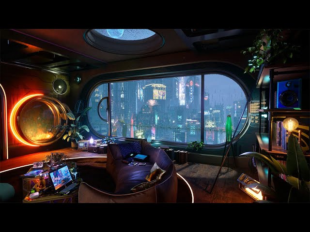 Rainy Night in a Cozy Cyberpunk Apartment Ambience with Rain & Thunder Sounds | Sleep, Focus, Chill