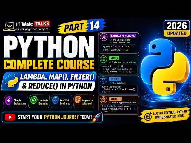 Python Complete Course Part 14 | Lambda Functions, Map(), Filter() & Reduce() in Python