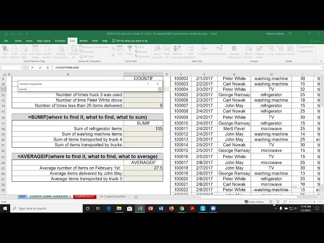 Formulas & Functions: Part C - PMT, COUNTIF, SUMIF, AVERAGEIF, IF in Payroll Example