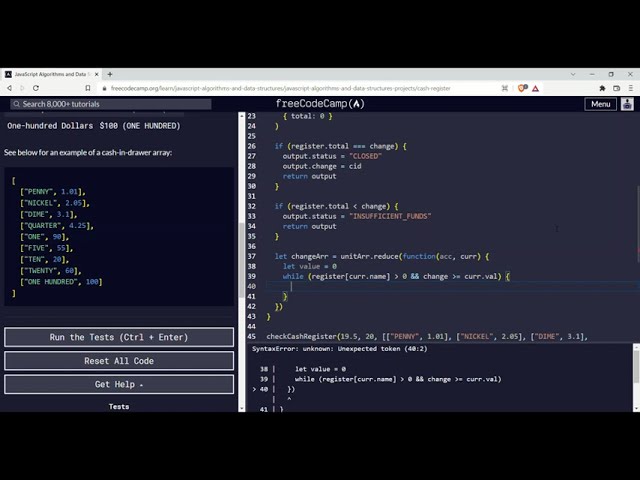JavaScript Algorithms and Data Structures Projects | Cash Register | freecodecamp