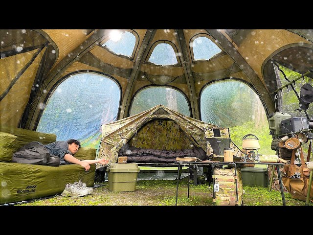 Camping with Brand New Inflatable Tent in the Rain. with Land Rover Defender. Cozy & Relaxing ASMR