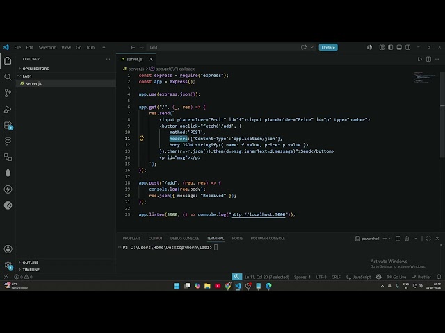 AJAX using Fetch API | Send Data from Client to Node.js Server | MERN Lab Experiment 6