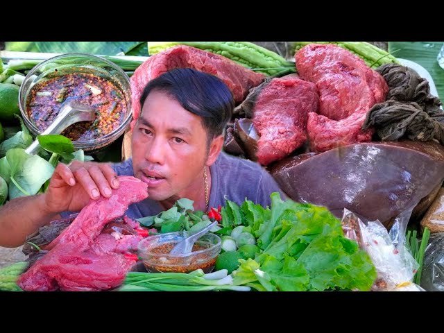 Amazing Eating Beef Raw With Super Hot Chili Sauce Recipe | Beef Raw Very Delicious