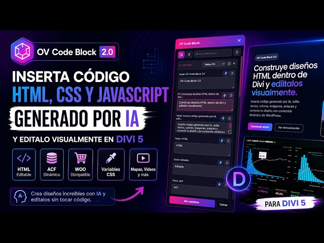OV Code Block: Inserta código HTML, CSS y JavaScript generado por IA y edítalo visualmente en Divi 5