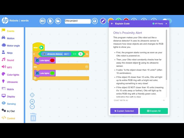 Create or explain graphical programming blocks for Scratch projects with AI, BETA HP Robots Otto.
