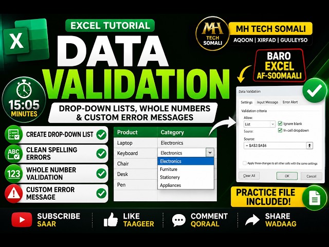 Excel Data Validation Tutorial (Somali) | Drop-Down Lists, Whole Numbers & Error Alerts