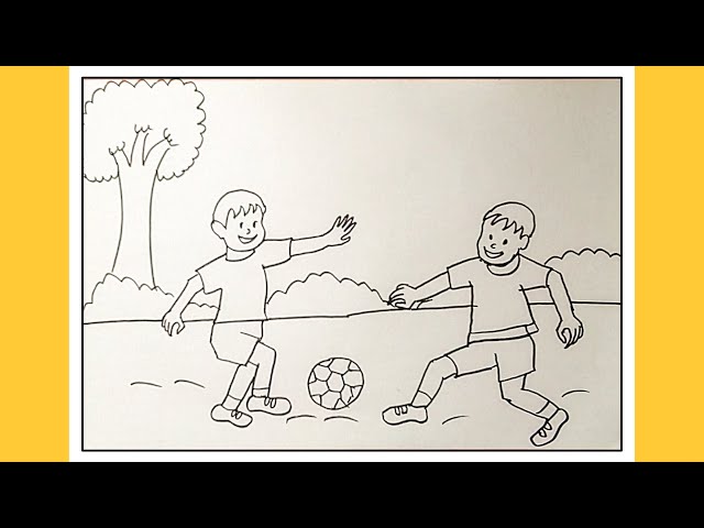 How to Draw Playground Scenery: Step by Step Drawing Tutorial | Two Boys Playing Football