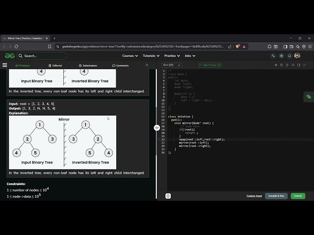 Mirror Tree | GFG Solution in C++ | Easy Binary Tree Recursion Explained